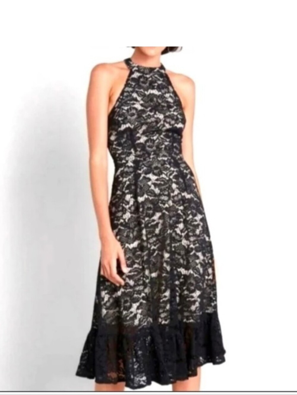 Modcloth  Black Lace Halter Midi Dress with Cream Lining